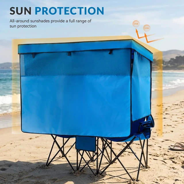 Alt view image 3 of 7 - Oversized Double Beach Chair with Canopy Shade, Cooler Bag & Cup Holder Folding Camping Loveseat for Camp, Fishing & Beach