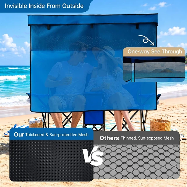 Alt view image 4 of 7 - Oversized Double Beach Chair with Canopy Shade, Cooler Bag & Cup Holder Folding Camping Loveseat for Camp, Fishing & Beach