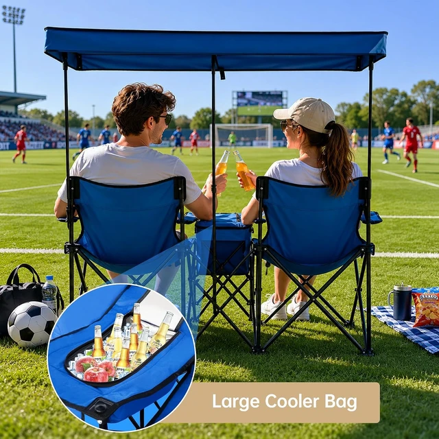 Alt view image 5 of 7 - Oversized Double Beach Chair with Canopy Shade, Cooler Bag & Cup Holder Folding Camping Loveseat for Camp, Fishing & Beach