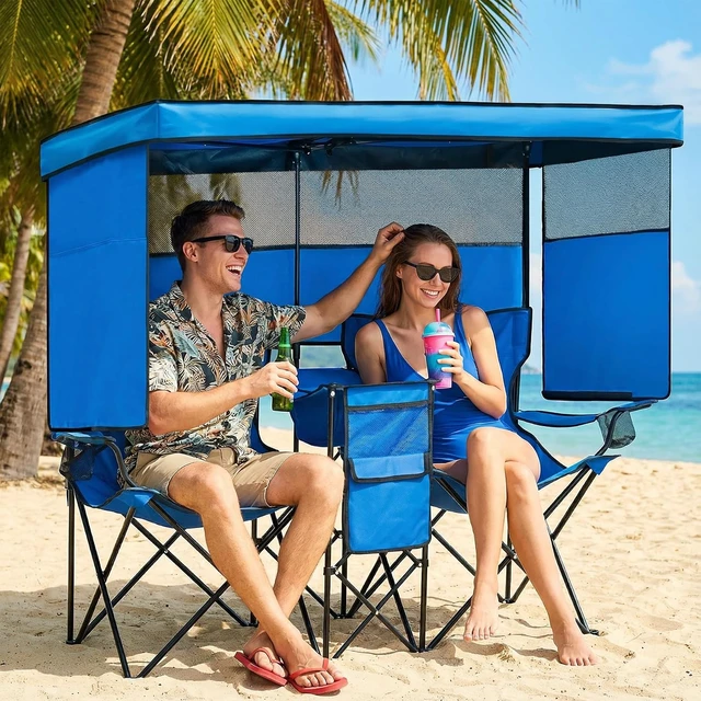 Alt view image 6 of 7 - Oversized Double Beach Chair with Canopy Shade, Cooler Bag & Cup Holder Folding Camping Loveseat for Camp, Fishing & Beach