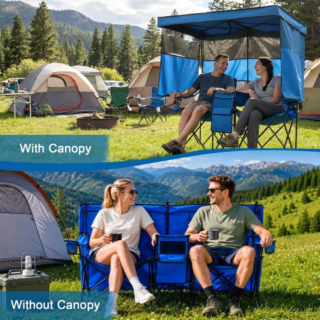 Alt view image 7 of 7 - Oversized Double Beach Chair with Canopy Shade, Cooler Bag & Cup Holder Folding Camping Loveseat for Camp, Fishing & Beach