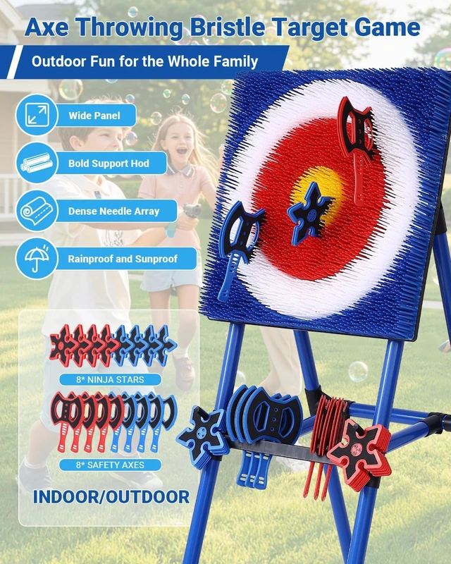 Alt view image 2 of 7 - Backyard Axe Throwing Game with Bristle Target, 8 Axes & 8 Stars