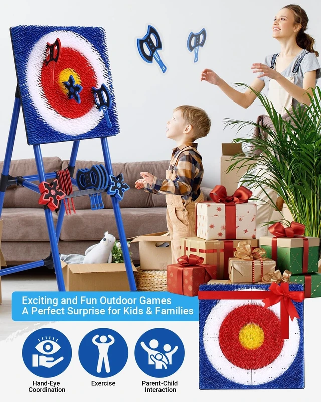 Alt view image 6 of 7 - Backyard Axe Throwing Game with Bristle Target, 8 Axes & 8 Stars