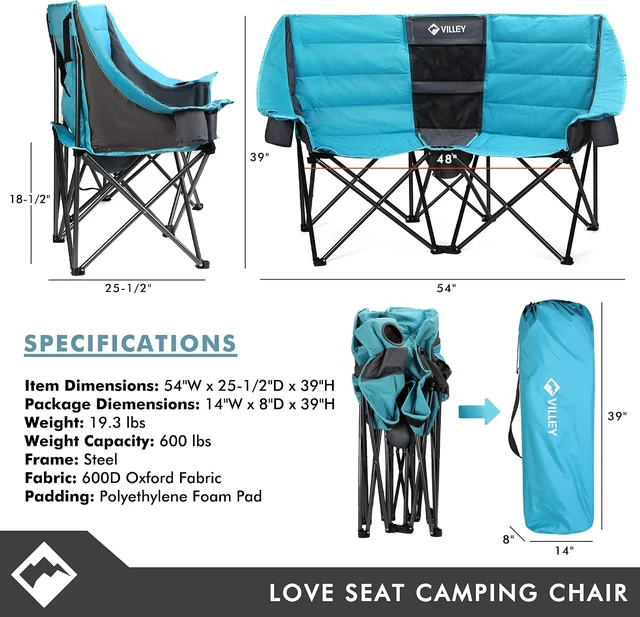 Alt view image 2 of 7 - Extra Wide Heavy Duty Double Camping Loveseat Chair with Cooler Bag, Steel Frame & Cup Holders, Portable Folding Couch for Camp, Lawn, Picnic & Sports, Supports 600LBS