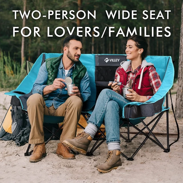 Alt view image 3 of 7 - Extra Wide Heavy Duty Double Camping Loveseat Chair with Cooler Bag, Steel Frame & Cup Holders, Portable Folding Couch for Camp, Lawn, Picnic & Sports, Supports 600LBS