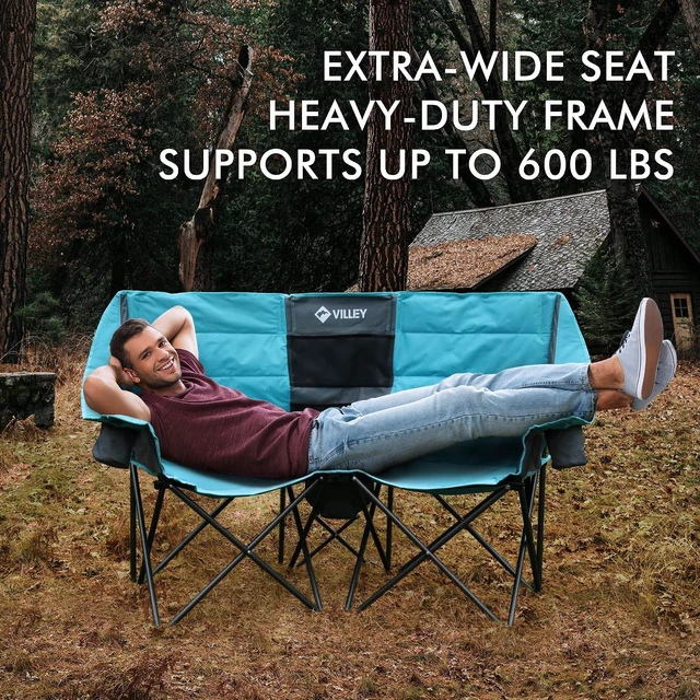 Alt view image 5 of 7 - Extra Wide Heavy Duty Double Camping Loveseat Chair with Cooler Bag, Steel Frame & Cup Holders, Portable Folding Couch for Camp, Lawn, Picnic & Sports, Supports 600LBS
