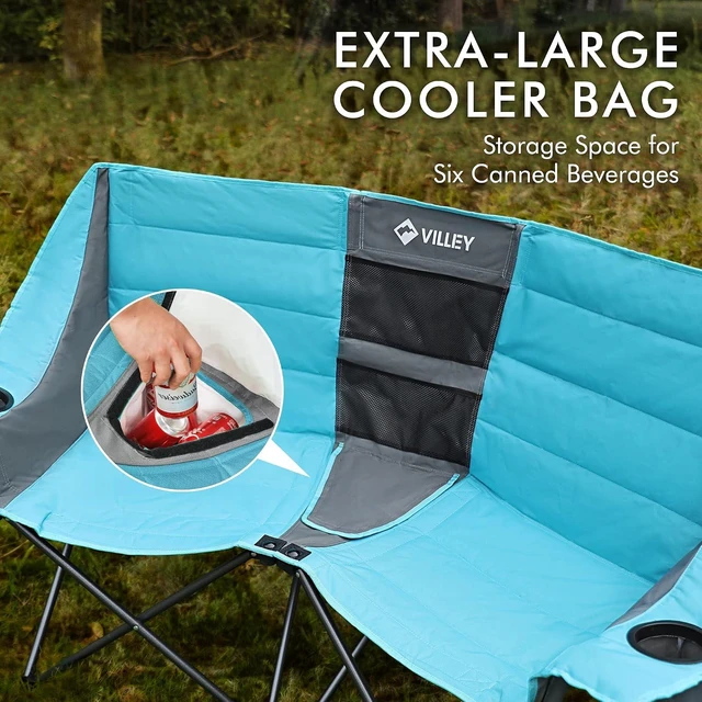 Alt view image 6 of 7 - Extra Wide Heavy Duty Double Camping Loveseat Chair with Cooler Bag, Steel Frame & Cup Holders, Portable Folding Couch for Camp, Lawn, Picnic & Sports, Supports 600LBS