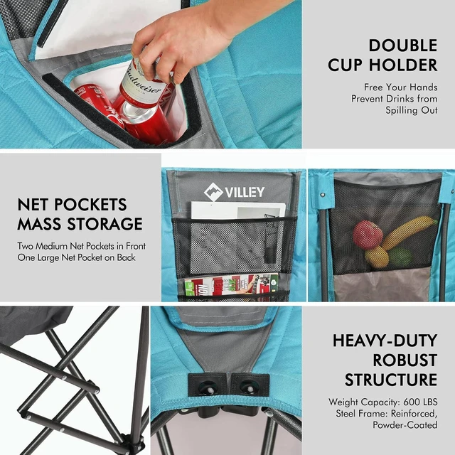 Alt view image 7 of 7 - Extra Wide Heavy Duty Double Camping Loveseat Chair with Cooler Bag, Steel Frame & Cup Holders, Portable Folding Couch for Camp, Lawn, Picnic & Sports, Supports 600LBS