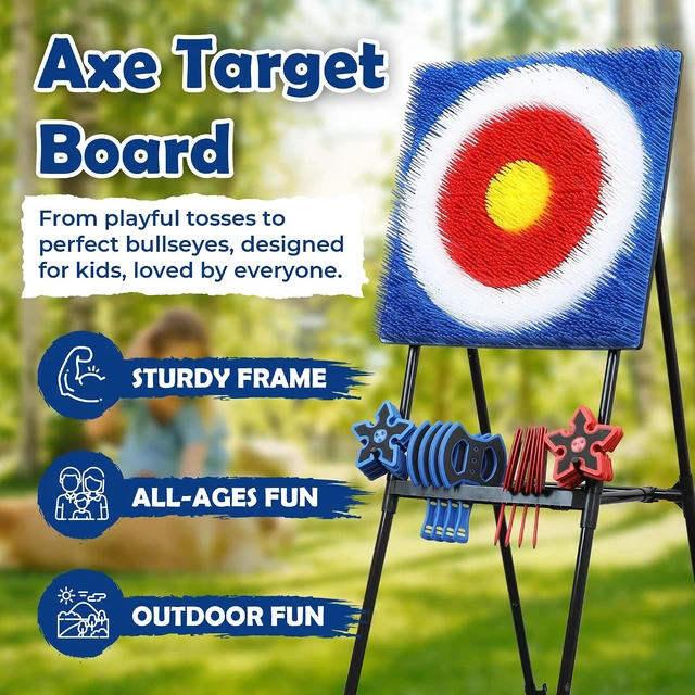 Alt view image 2 of 7 - 5FT Tall Backyard Axe Throwing Game with 24" x 24" Bristle Target, 8 Axes & 8 Throwing Stars, Foldable Steel Frame, Indoor/Outdoor Games for Adults, Kids & Family