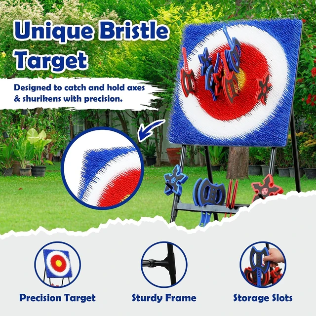 Alt view image 3 of 7 - 5FT Tall Backyard Axe Throwing Game with 24" x 24" Bristle Target, 8 Axes & 8 Throwing Stars, Foldable Steel Frame, Indoor/Outdoor Games for Adults, Kids & Family