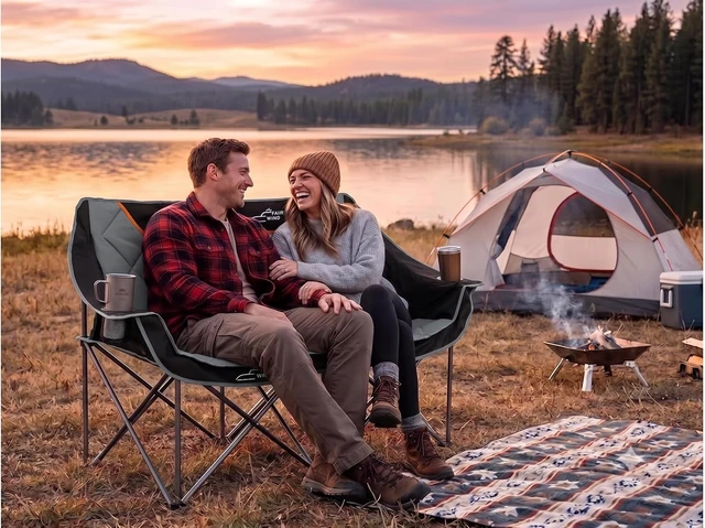 Alt view image 2 of 7 - Heavy Duty Oversized Fully Padded Folding Camping Loveseat, Quad Fold Double Duo Chair with Cup Holder, Supports 650 LBS Black