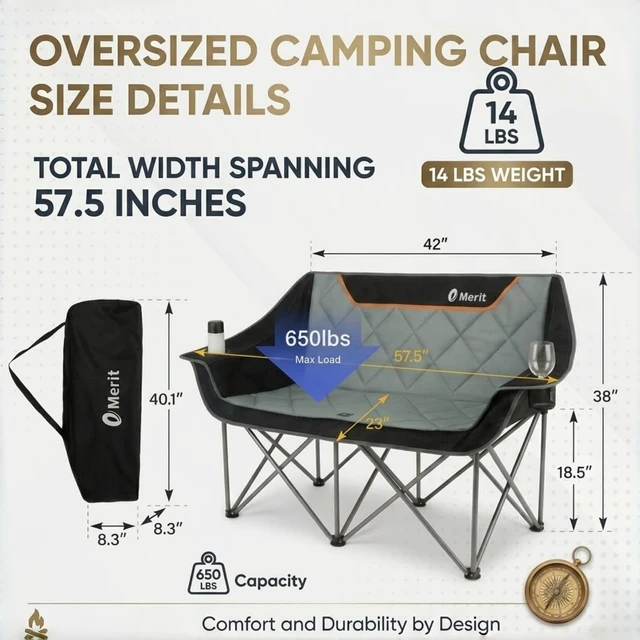 Alt view image 2 of 7 - Heavy Duty 650LB Oversized Fully Padded Folding Camping Loveseat, Quad Fold Double Couch with Cup Holders & Carry Bag for Outdoor, Lawn & Sports Events, Black