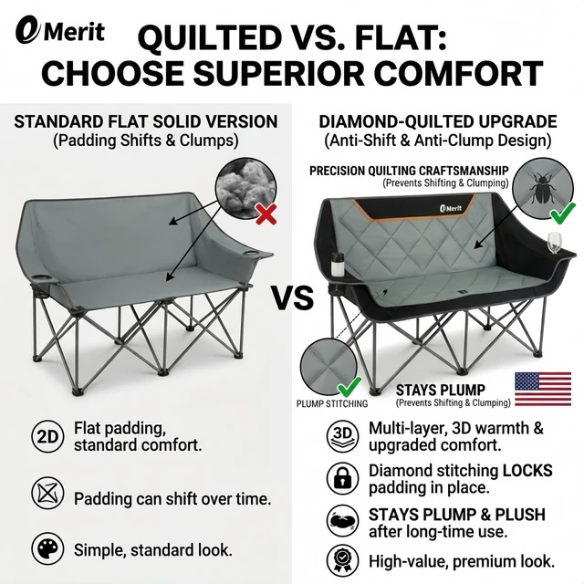 Alt view image 4 of 7 - Heavy Duty 650LB Oversized Fully Padded Folding Camping Loveseat, Quad Fold Double Couch with Cup Holders & Carry Bag for Outdoor, Lawn & Sports Events, Black