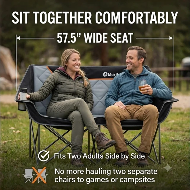 Alt view image 3 of 7 - Heavy Duty 650LB Oversized Fully Padded Folding Camping Loveseat, Quad Fold Double Couch with Cup Holders & Carry Bag for Outdoor, Lawn & Sports Events, Black