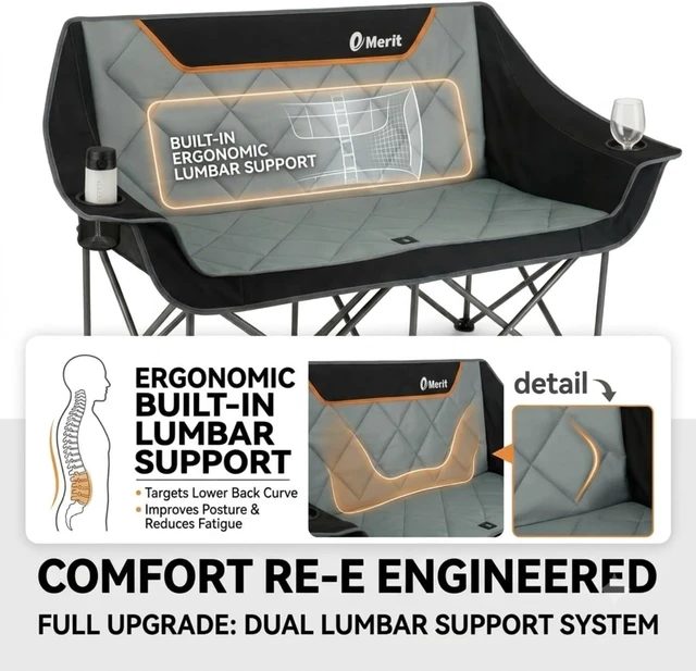 Alt view image 6 of 7 - Heavy Duty 650LB Oversized Fully Padded Folding Camping Loveseat, Quad Fold Double Couch with Cup Holders & Carry Bag for Outdoor, Lawn & Sports Events, Black