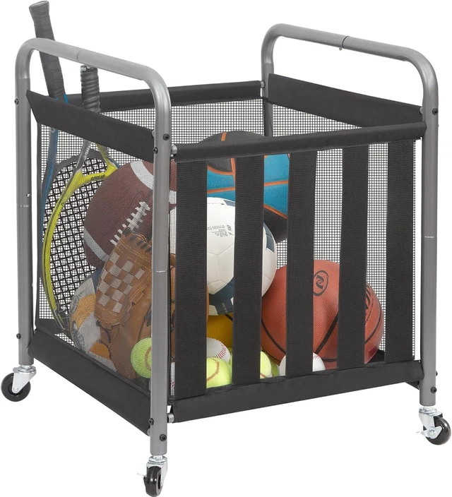 Main image of Rolling Metal Ball Storage Cart with Bin, Sports Rack & Basketball Cage for Garage or Gym, Indoor/Outdoor Equipment Organizer