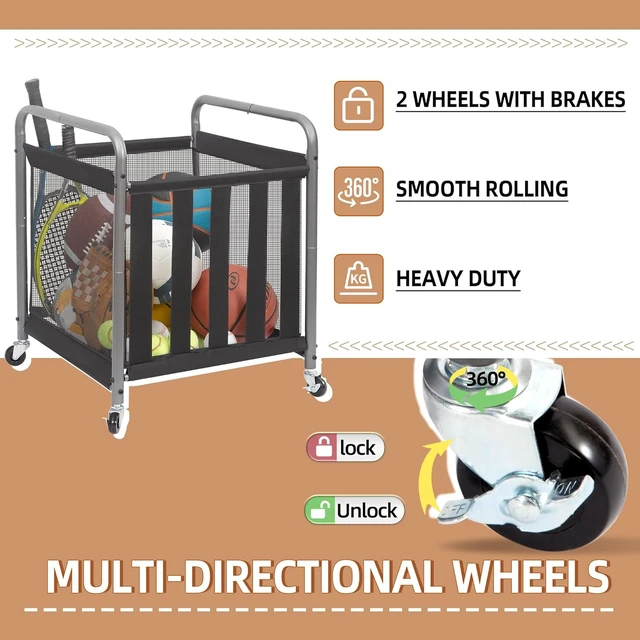 Alt view image 3 of 7 - Rolling Metal Ball Storage Cart with Bin, Sports Rack & Basketball Cage for Garage or Gym, Indoor/Outdoor Equipment Organizer