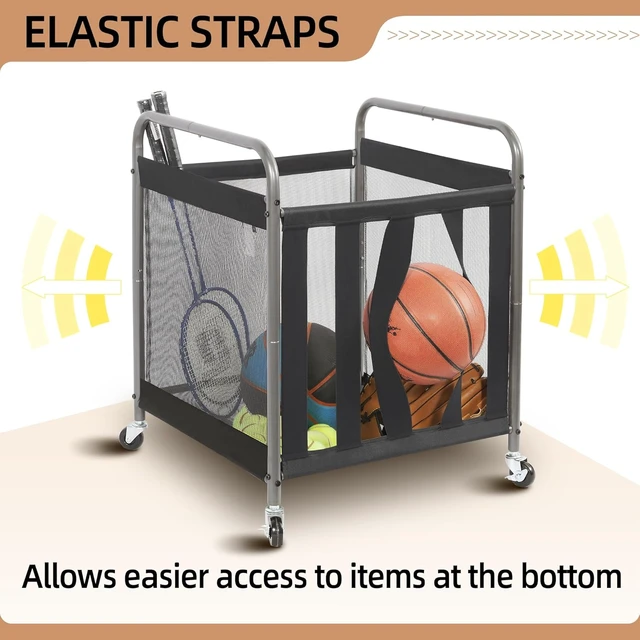 Alt view image 4 of 7 - Rolling Metal Ball Storage Cart with Bin, Sports Rack & Basketball Cage for Garage or Gym, Indoor/Outdoor Equipment Organizer