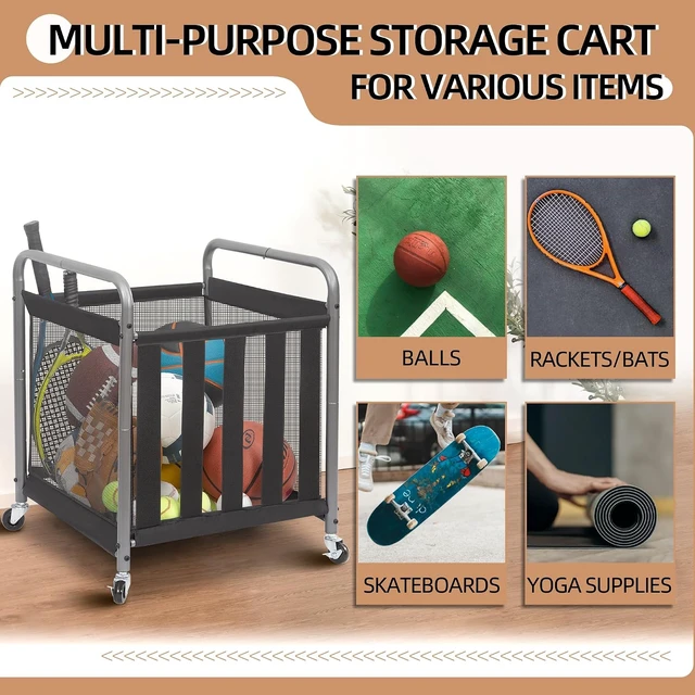 Alt view image 5 of 7 - Rolling Metal Ball Storage Cart with Bin, Sports Rack & Basketball Cage for Garage or Gym, Indoor/Outdoor Equipment Organizer