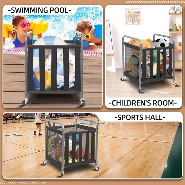 Alt view image 6 of 7 - Rolling Metal Ball Storage Cart with Bin, Sports Rack & Basketball Cage for Garage or Gym, Indoor/Outdoor Equipment Organizer