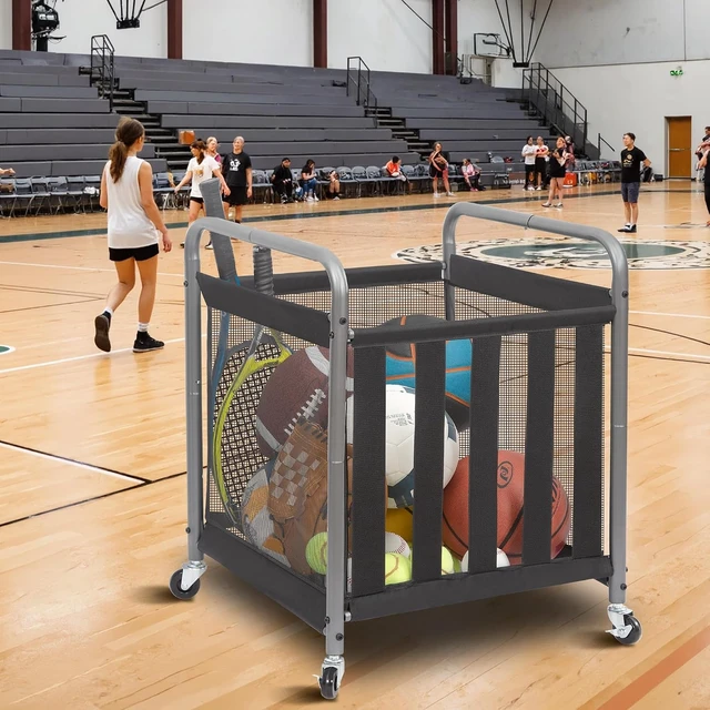 Alt view image 7 of 7 - Rolling Metal Ball Storage Cart with Bin, Sports Rack & Basketball Cage for Garage or Gym, Indoor/Outdoor Equipment Organizer