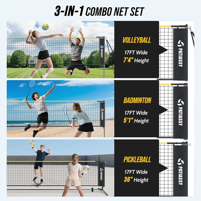 Alt view image 5 of 7 - 3-in-1 Adjustable-Height Volleyball, Badminton & Pickleball Net Set