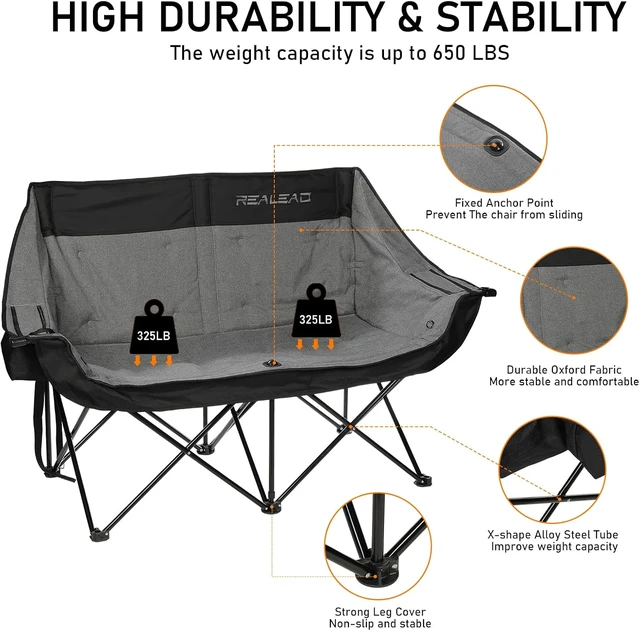Alt view image 4 of 6 - Heavy Duty Double Camping Chair Couch, Supports 650 lbs