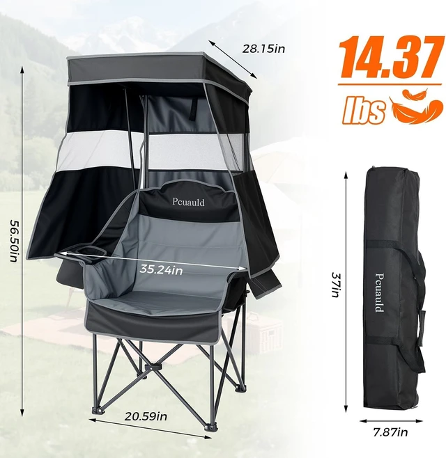 Alt view image 2 of 7 - Heavy Duty Folding Camping Chair with Canopy Shade & Umbrella Cup Holder, Oversized Padded Outdoor Lawn Chair for Adults, Sports Events & Fishing, 500LBS