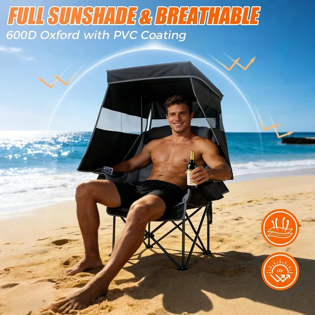 Alt view image 3 of 7 - Heavy Duty Folding Camping Chair with Canopy Shade & Umbrella Cup Holder, Oversized Padded Outdoor Lawn Chair for Adults, Sports Events & Fishing, 500LBS