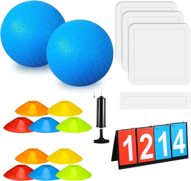 Main image of 18 Pcs Sports Kickball Set with 2 Playground Balls, Air Pump, 4 Rubber Throw-Down Bases, 10 Foul Line Cones & Flip Scoreboard for Boys, Girls & Adults, Playground, School, Backyard