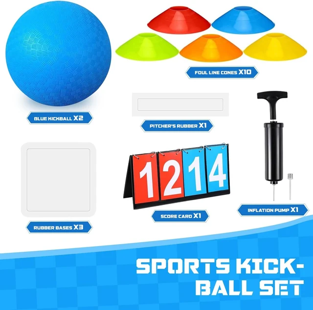 Alt view image 3 of 7 - 18 Pcs Sports Kickball Set with 2 Playground Balls, Air Pump, 4 Rubber Throw-Down Bases, 10 Foul Line Cones & Flip Scoreboard for Boys, Girls & Adults, Playground, School, Backyard