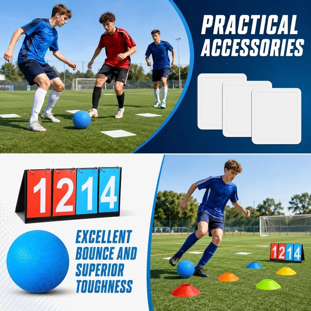 Alt view image 4 of 7 - 18 Pcs Sports Kickball Set with 2 Playground Balls, Air Pump, 4 Rubber Throw-Down Bases, 10 Foul Line Cones & Flip Scoreboard for Boys, Girls & Adults, Playground, School, Backyard