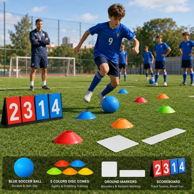 Alt view image 7 of 7 - 18 Pcs Sports Kickball Set with 2 Playground Balls, Air Pump, 4 Rubber Throw-Down Bases, 10 Foul Line Cones & Flip Scoreboard for Boys, Girls & Adults, Playground, School, Backyard