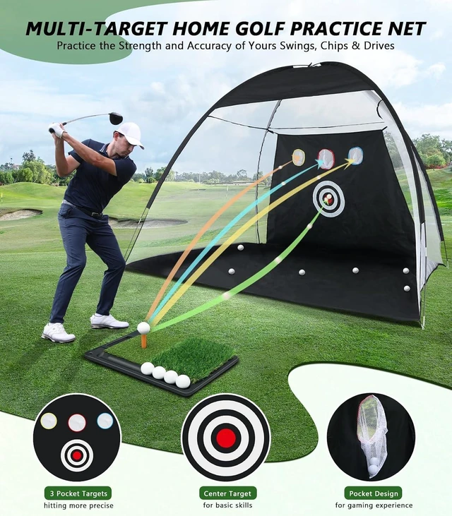 Alt view image 2 of 7 - 10 x 7FT Golf Practice Net for Backyard Driving, Hitting, Swing & Chipping with Hitting Mat, Indoor/Outdoor, Gifts for Men, Dad, Husband & Golfers