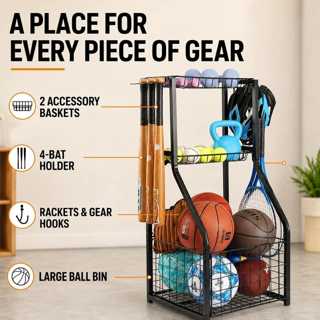 Alt view image 3 of 7 - Garage Sports Organizer with Ball Rack, Bat Holder & 4 Hooks