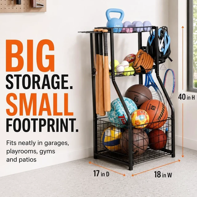Alt view image 5 of 7 - Garage Sports Organizer with Ball Rack, Bat Holder & 4 Hooks