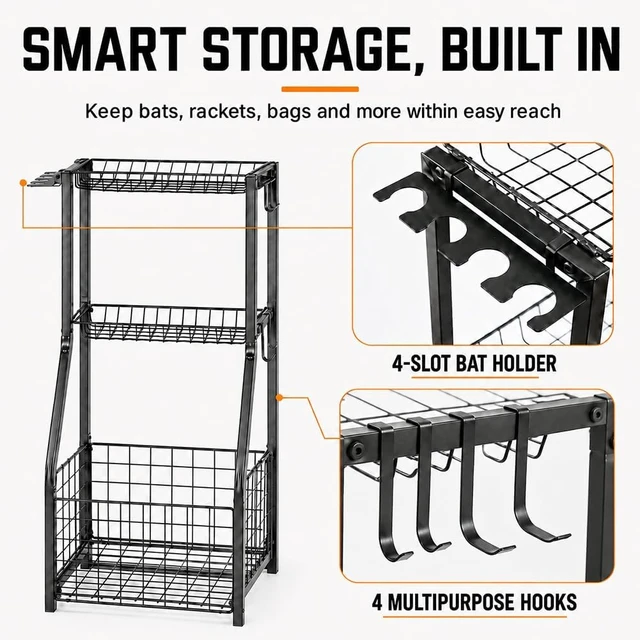 Alt view image 6 of 7 - Garage Sports Organizer with Ball Rack, Bat Holder & 4 Hooks