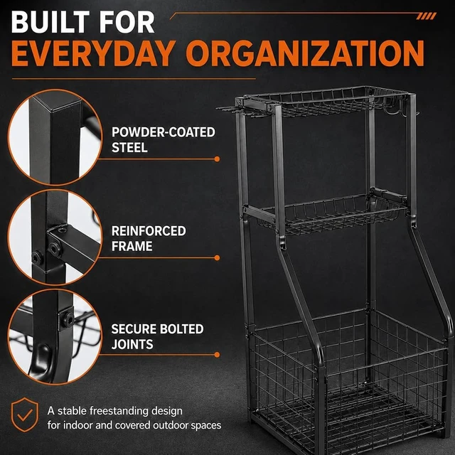 Alt view image 7 of 7 - Garage Sports Organizer with Ball Rack, Bat Holder & 4 Hooks