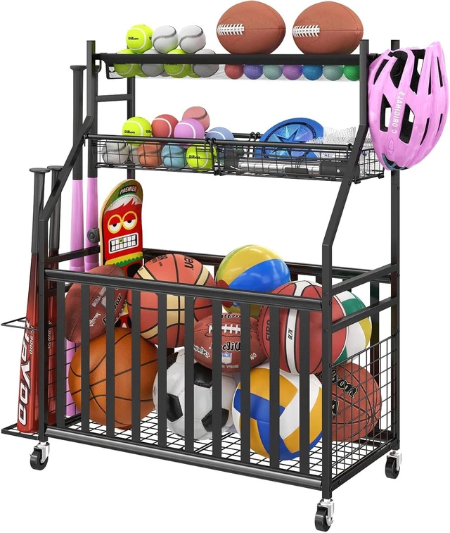 Main image of Rolling Garage Sports Equipment Organizer with Ball Basket, Mesh Pocket, Baseball Bat Rack & Hooks, Toy Storage Cart, Black