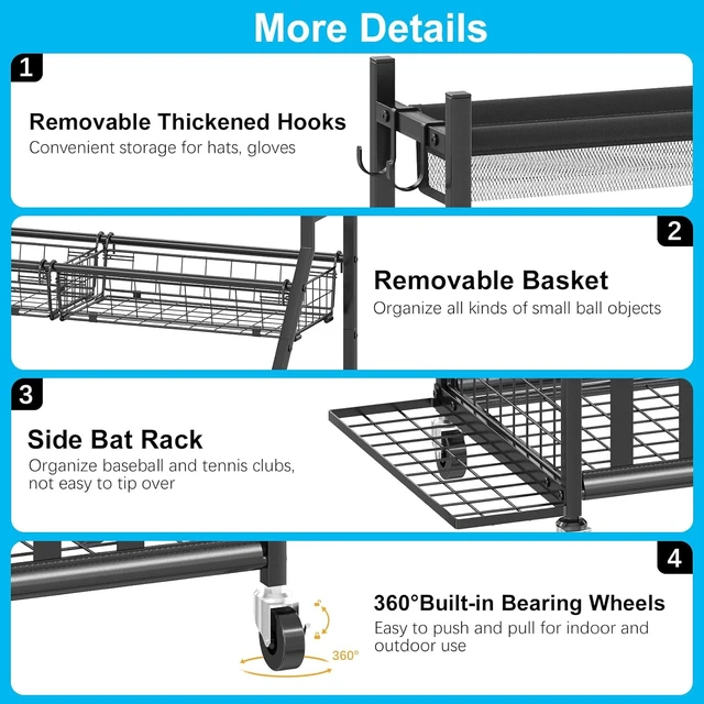 Alt view image 2 of 7 - Rolling Garage Sports Equipment Organizer with Ball Basket, Mesh Pocket, Baseball Bat Rack & Hooks, Toy Storage Cart, Black