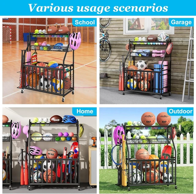 Alt view image 4 of 7 - Rolling Garage Sports Equipment Organizer with Ball Basket, Mesh Pocket, Baseball Bat Rack & Hooks, Toy Storage Cart, Black
