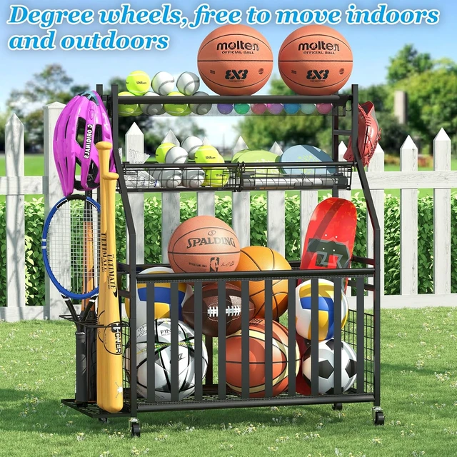 Alt view image 5 of 7 - Rolling Garage Sports Equipment Organizer with Ball Basket, Mesh Pocket, Baseball Bat Rack & Hooks, Toy Storage Cart, Black