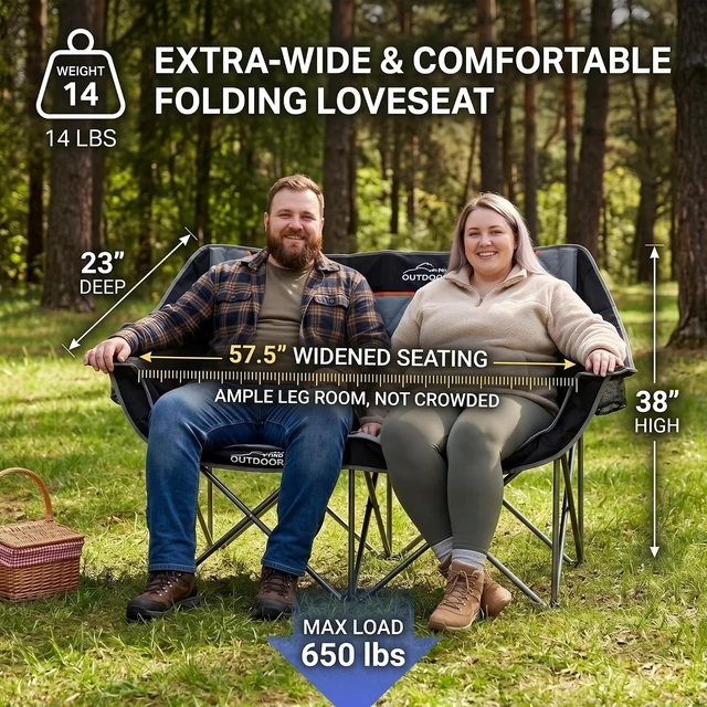 Alt view image 3 of 7 - Heavy Duty Oversized Fully Padded Folding Camping Loveseat, Quad Fold Double Duo Chair with Cup Holder, Supports 650 LBS Black