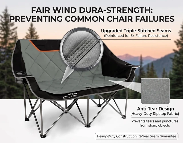 Alt view image 5 of 7 - Heavy Duty Oversized Fully Padded Folding Camping Loveseat, Quad Fold Double Duo Chair with Cup Holder, Supports 650 LBS Black