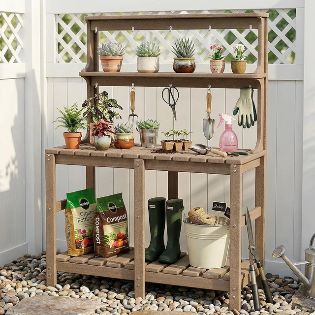 Alt view image 2 of 7 - All-Weather 3-Tier Outdoor Potting Bench with Tool Hooks, HDPE Gardening Table for Backyard & Garden, Brown