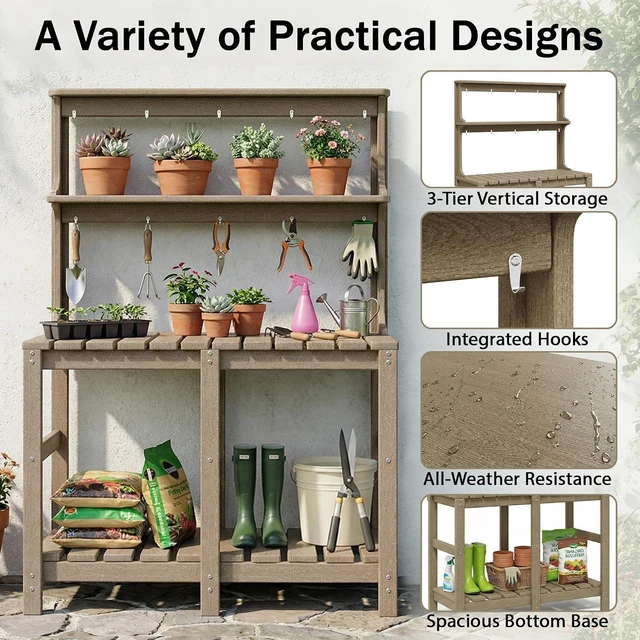Alt view image 3 of 7 - All-Weather 3-Tier Outdoor Potting Bench with Tool Hooks, HDPE Gardening Table for Backyard & Garden, Brown