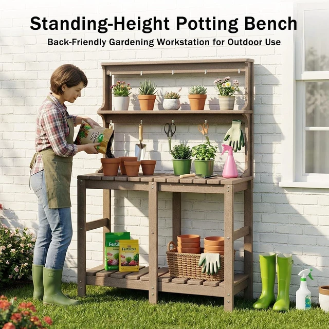 Alt view image 4 of 7 - All-Weather 3-Tier Outdoor Potting Bench with Tool Hooks, HDPE Gardening Table for Backyard & Garden, Brown