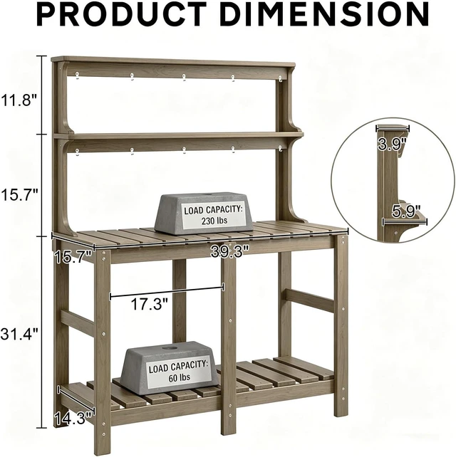 Alt view image 6 of 7 - All-Weather 3-Tier Outdoor Potting Bench with Tool Hooks, HDPE Gardening Table for Backyard & Garden, Brown