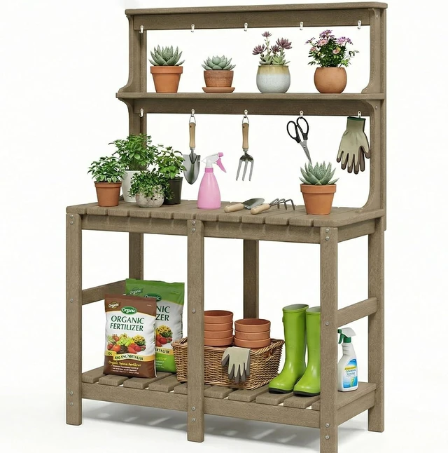 Alt view image 7 of 7 - All-Weather 3-Tier Outdoor Potting Bench with Tool Hooks, HDPE Gardening Table for Backyard & Garden, Brown