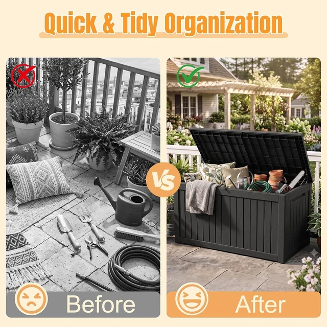 Alt view image 4 of 7 - 300 Gallon Waterproof Resin Outdoor Storage Deck Box with Support Rod